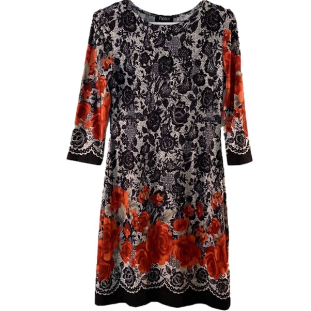 Papillon Women’s Black Floral Red Rose Long Sleeve Midi Dress  (Size Small)